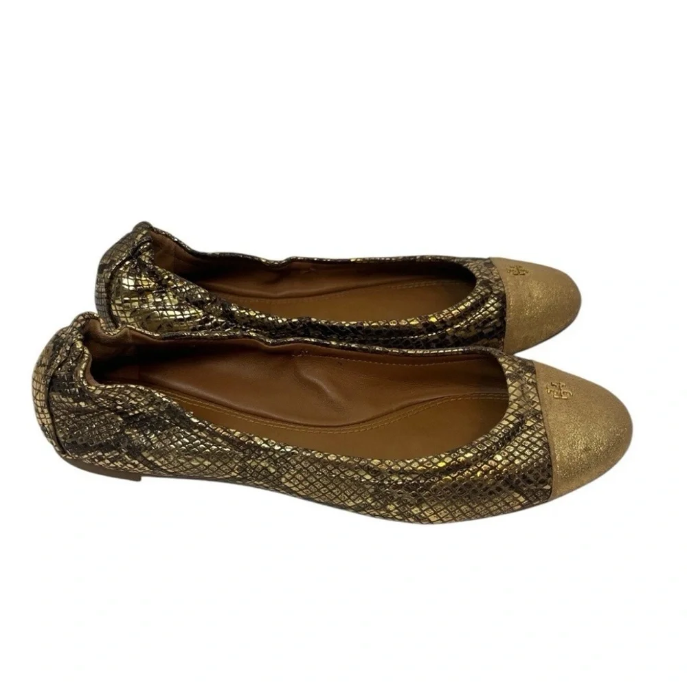 Tory Burch woman’s gold snakeskin metallic ballet flats slip on‎ size 8 casual